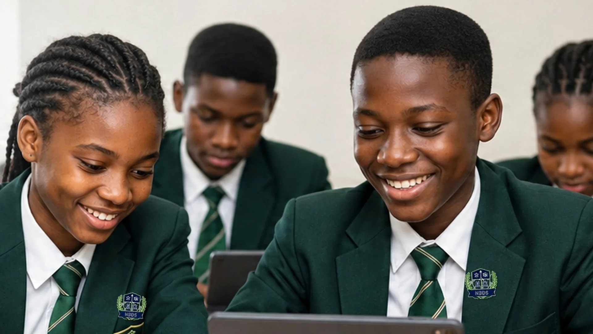 Nation Builders Digital School students wearing uniforms with the official NBDS crest